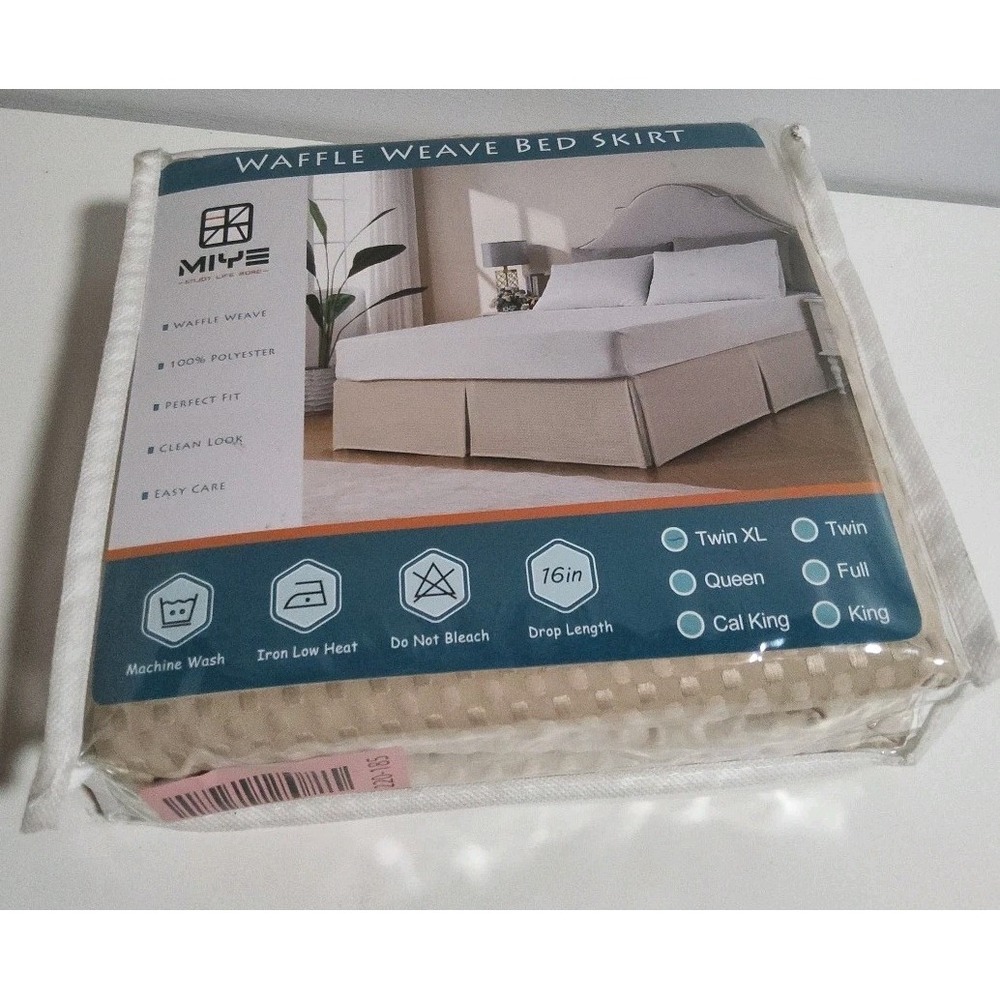 Twin XL Bed Skirt Pleated Waffle Weave Beige 16" Drop Tailored No Split‎ Corners - Picture 3 of 3